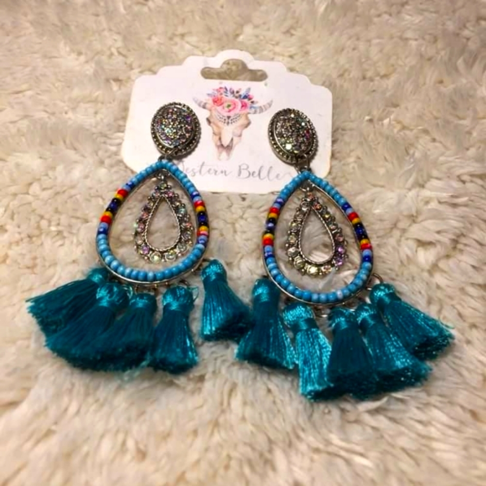 WESTERN BELLE TEAL/MULTICOLORED DROP EARRINGS